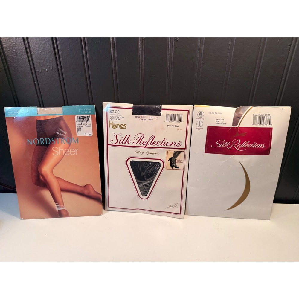 Lot 3 Vintage Hanes Silk Reflections Nordstrom Pantyhose Navy Taupe Size C CD